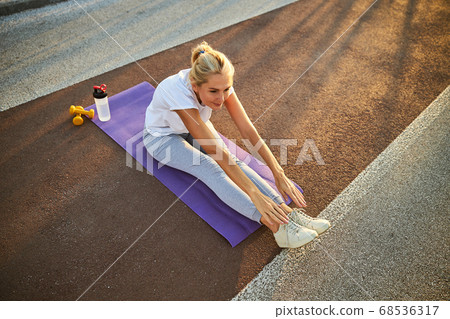 Charming woman having morning training on the bridge Charming woman having morning training on the bridge 68536317