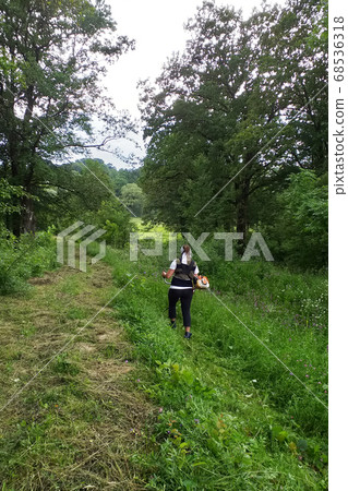 Young woman mows the grass with a trimmer on the Young woman mows the grass with a trimmer on the 68536318
