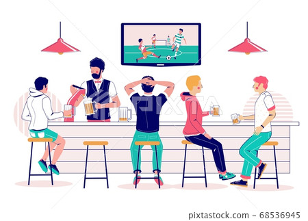 Beer pub visitors watching soccer match on tv, vector flat illustration Beer pub visitors watching soccer match on tv, vector flat illustration 68536945