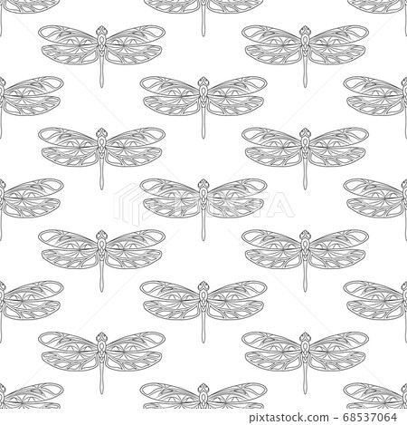 Seamless pattern with openwork dragonflies. Vector illustration. Isolated colorful elements on a white background. Creative idea for designs backdrops, cards, textiles, prints, packings, wallpapers. Seamless pattern with openwork dragonflies. Vector illustration. Isolated colorful elements on a white background. Creative idea for designs backdrops, cards, textiles, prints, packings, wallpapers. 68537064