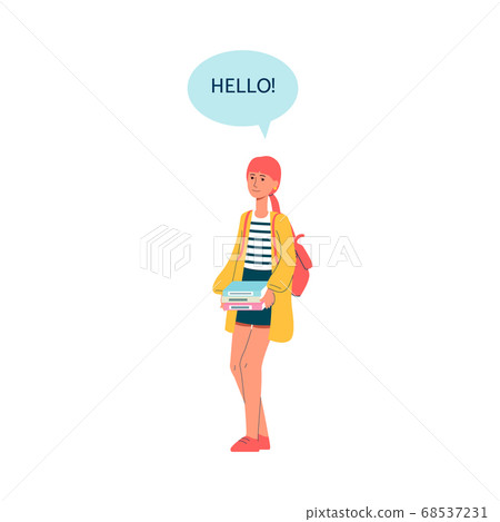 Female college student holding stack of books... - Stock Illustration ...