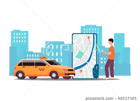 Online taxi service app - flat banner with cartoon man looking at car map route 68537385