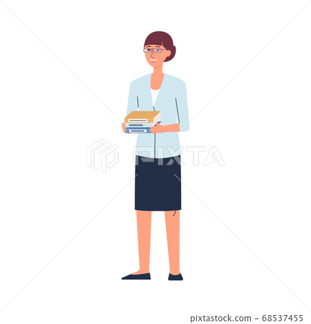 Female teacher holding books - cartoon woman in glasses and office clothes Female teacher holding books - cartoon woman in glasses and office clothes 68537455
