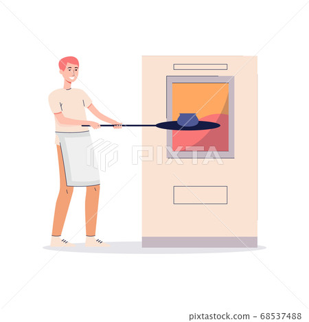 Ceramist burns in stove clay pottery, flat cartoon vector illustration isolated. Ceramist burns in stove clay pottery, flat cartoon vector illustration isolated. 68537488