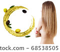 Hair treatment by oil therapy. Flying green circulate olive oil. 68538505
