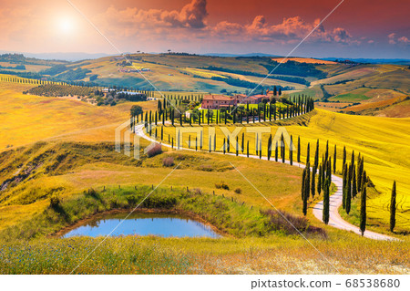 Autumn Tuscany landscape with curved road and cypress, Italy, Europe Autumn Tuscany landscape with curved road and cypress, Italy, Europe 68538680