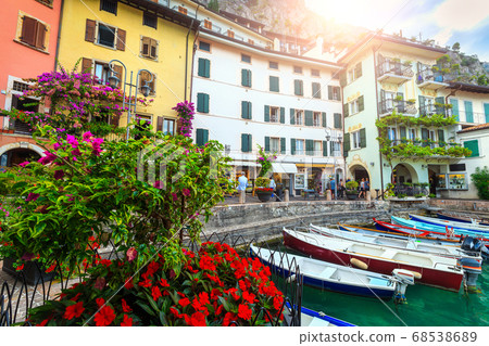 Fishing boats in harbor of Limone sul Garda, Lombardy, Italy Fishing boats in harbor of Limone sul Garda, Lombardy, Italy 68538689