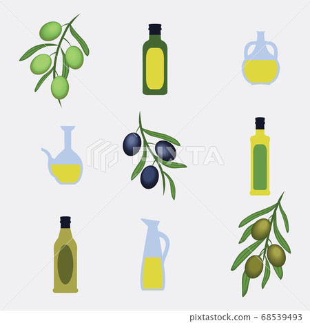 vector Greek Style bottles, jars, olive leaves on grey background 68539493