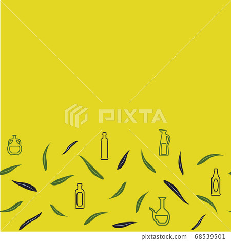 Greek Style bottles, jars, olive leaves on yellow background Greek Style bottles, jars, olive leaves on yellow background 68539501