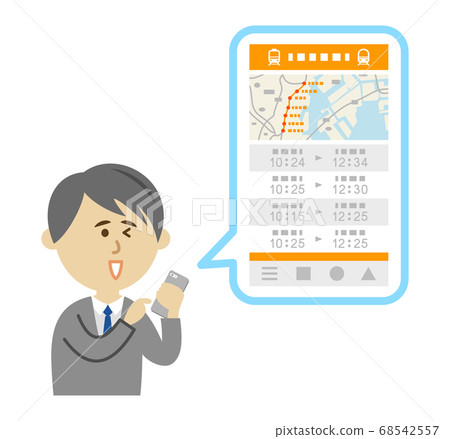 Illustration image of a male office worker who uses a train app on a smartphone 68542557