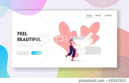 Woman Prepare Natural Mask Landing Page Template. Tiny Female Character with Huge Bowl with Moisturizing Mask Procedure 68542912