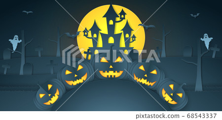 Halloween pumpkin head on hill with castle, graveyard, bat, ghost and bright moon, paper art style Halloween pumpkin head on hill with castle, graveyard, bat, ghost and bright moon, paper art style 68543337