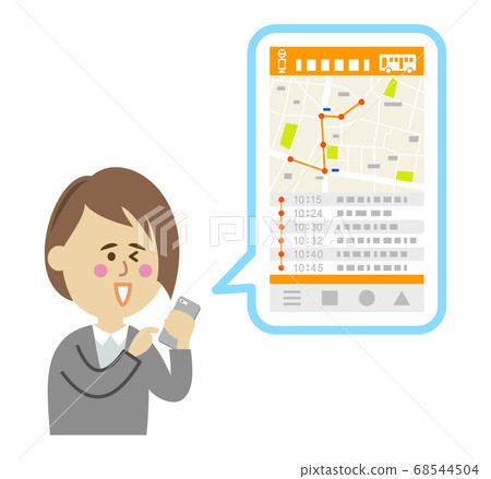 在智能手機上使用公共汽車應用程序的女性上班族的插圖圖像 68544504