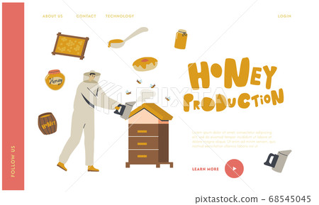 Farmer Producing Honey. Apiculture Natural Product Landing Page Template. Male Character in Protective Uniform and Hat Farmer Producing Honey. Apiculture Natural Product Landing Page Template. Male Character in Protective Uniform and Hat 68545045