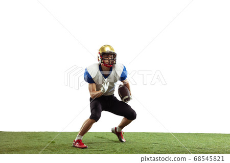 American football player in action isolated on white studio background 68545821
