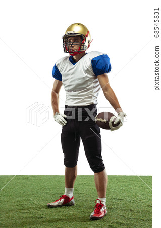 American football player in action isolated on white studio background 68545831