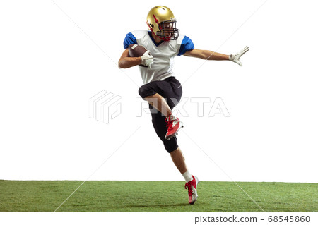 American football player in action isolated on white studio background 68545860