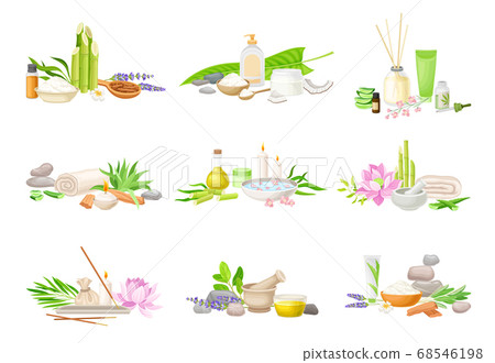 Spa Treatment Composition with Bamboo, Essential Oil and Stones for Energy Body Massage Vector Set Spa Treatment Composition with Bamboo, Essential Oil and Stones for Energy Body Massage Vector Set 68546198
