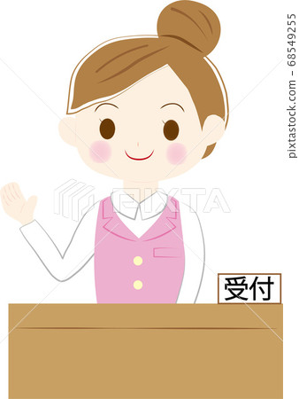 Receptionist female staff raising hands Receptionist female staff raising hands 68549255