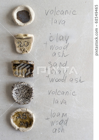 Ceramic samples with writings on gray concrete Ceramic samples with writings on gray concrete 68549465