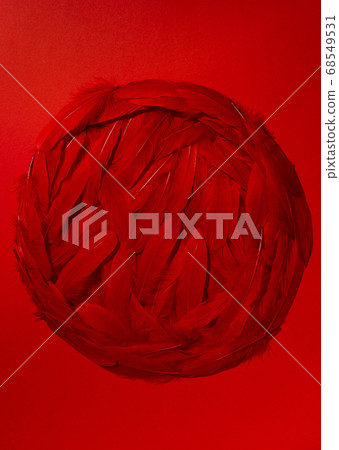 Red colored circle from bright feathers on vibrant background 68549531