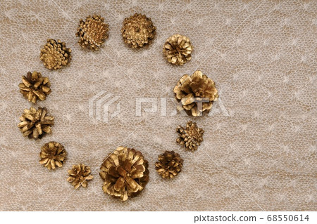Delicate background of pine gilded cones, set in 68550614
