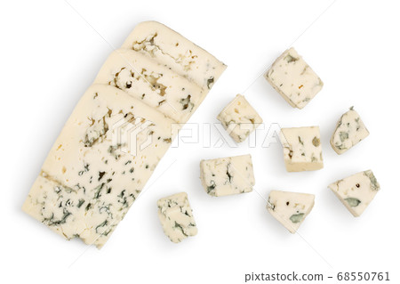 diced Blue cheese isolated on white background with clipping path and full depth of field. Top view. Flat lay. diced Blue cheese isolated on white background with clipping path and full depth of field. Top view. Flat lay. 68550761