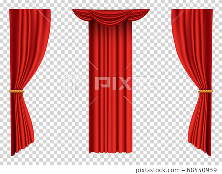 Red curtains realistic. Theater fabric silk decoration for movie cinema or opera hall. Curtains and draperies interior decoration object. Isolated on transparent for theater stage Red curtains realistic. Theater fabric silk decoration for movie cinema or opera hall. Curtains and draperies interior decoration object. Isolated on transparent for theater stage 68550939
