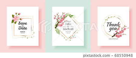 Set of sakura flowers backgrounds. Floral wedding invitation cards template design. Holiday invitation, greeting cards and fashion design Set of sakura flowers backgrounds. Floral wedding invitation cards template design. Holiday invitation, greeting cards and fashion design 68550948