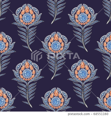 Peacock jewelry the feather. Seamless pattern, watercolor hand-drawing. Background Peacock jewelry the feather. Seamless pattern, watercolor hand-drawing. Background 68551160