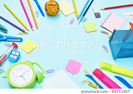 back to school stationery on blue background school, university, copy space one 68551807