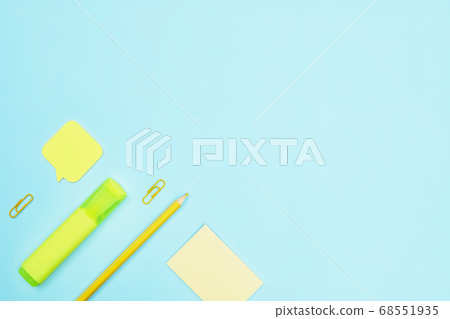 minimalism yellow stationery on blue background school, university, flat layer, copyspace minimalism yellow stationery on blue background school, university, flat layer, copyspace 68551935