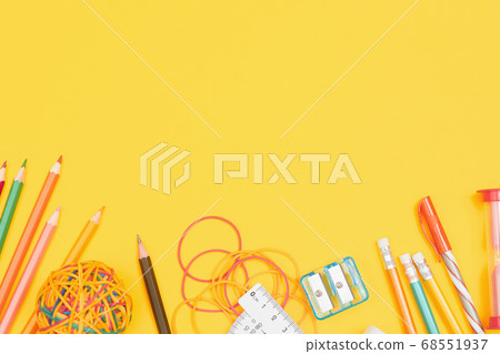 Back to school concept, school supplies on yellow background,flat lay with copy space Back to school concept, school supplies on yellow background,flat lay with copy space 68551937