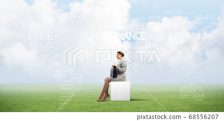 Attractive business lady or accountant outdoors on white box Attractive business lady or accountant outdoors on white box 68556207