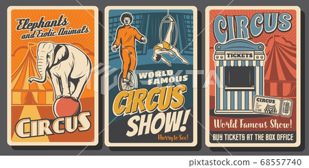 Circus performers retro vector posters, funfair 68557740
