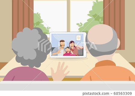 senior asian couple video chatting with son or daughter and in-law and grandchild senior asian couple video chatting with son or daughter and in-law and grandchild 68563309