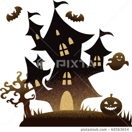 萬聖節秋天幽靈大廈剪影水彩插圖素材 68563654