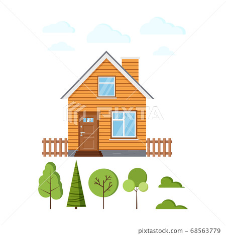 Residental house exterior with fences, clouds and different trees icon set isolated on white background. 68563779