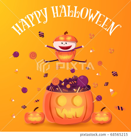 Kid in pumpkin costume jump on the pumpkin with pile of candy. Halloween vector illustration. 68565215