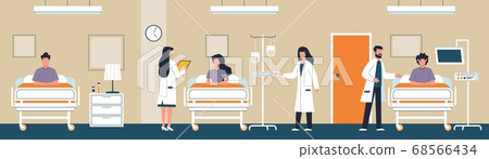 Intensive therapy clinic. Doctors examining patient in ward medical care, using oxygen therapy, nurse provide dropper, interior panorama healthcare vector horizontal concept 68566434