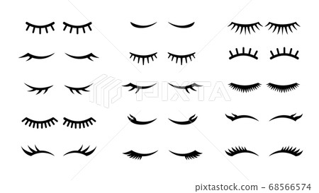 Closed girl eyes and eyelashes. Various closed eye with beautiful black eyelashes, mascara beauty face makeup line vector set 68566574
