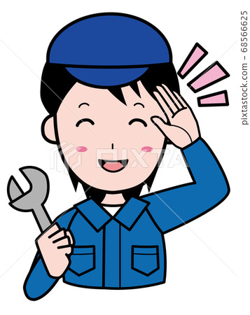 Male staff in work clothes, saluting with a spanner 68566625