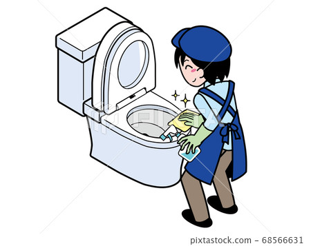 Young man of a trader cleaning the toilet shiny with a brush Young man of a trader cleaning the toilet shiny with a brush 68566631