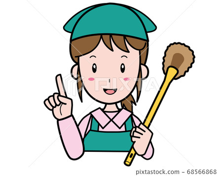 A young female staff member of the housekeeping business, holding a toilet cleaning brush and pointing her finger 68566868