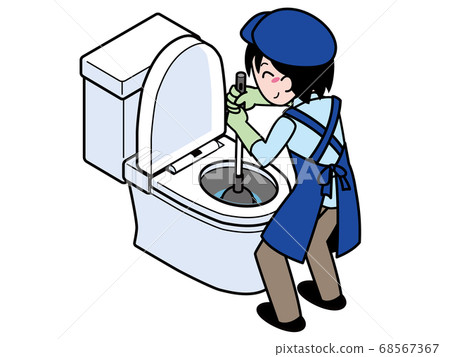 A young man of a trader repairing a clogged toilet using a rubber cup 68567367