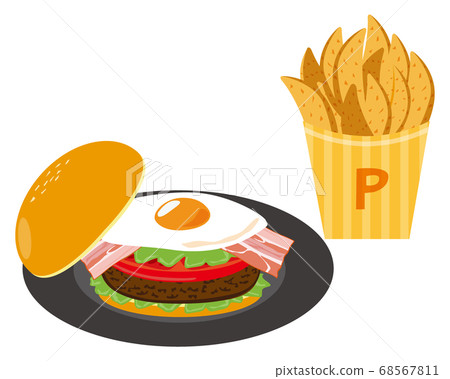 Vector illustration of cheese and beef hamburger and fries 68567811