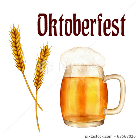 Vintage watercolor beer mugs and spikelets of wheat 68568026