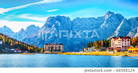 Majestic sunny view of famous Misurina lake during 68568124