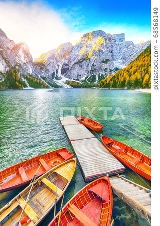 Marvelous scenery of famous alpine lake Braies at 68568149