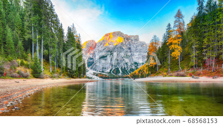 Amazing scenery of famous alpine lake Braies at 68568153